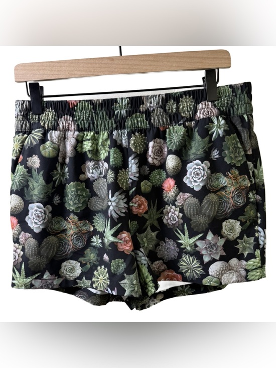 Kavu Pants - Kavu Women’s Black Athletic Shorts with Green & Coral Succulent Print